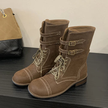 KYLETHOMASW  -  Fashion Design Narrow Band Lace-up Women Knee-High Boots Vintage Spring Autumn Round Toe Square Low Heels Shoes